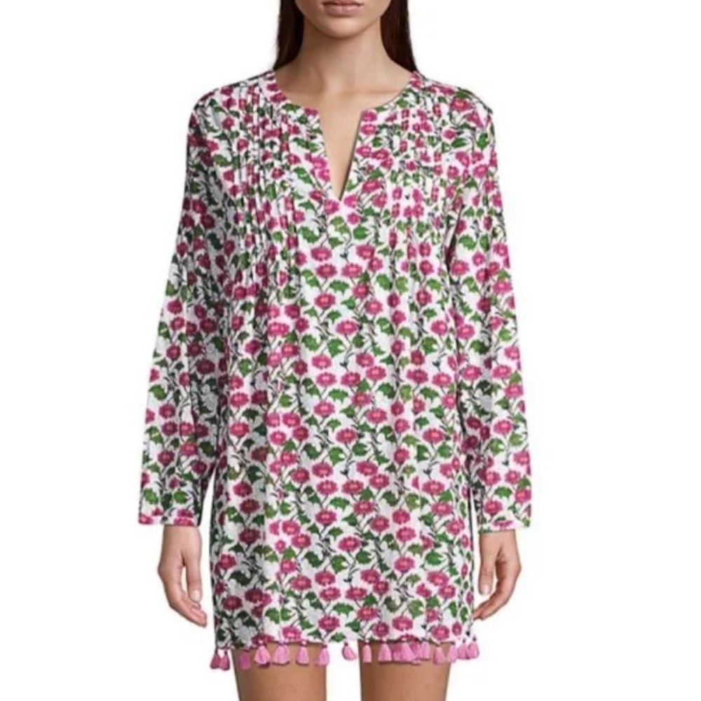ROLLER RABBIT Pink & Green Floral Cotton Tassel Beach Cover Up Dress